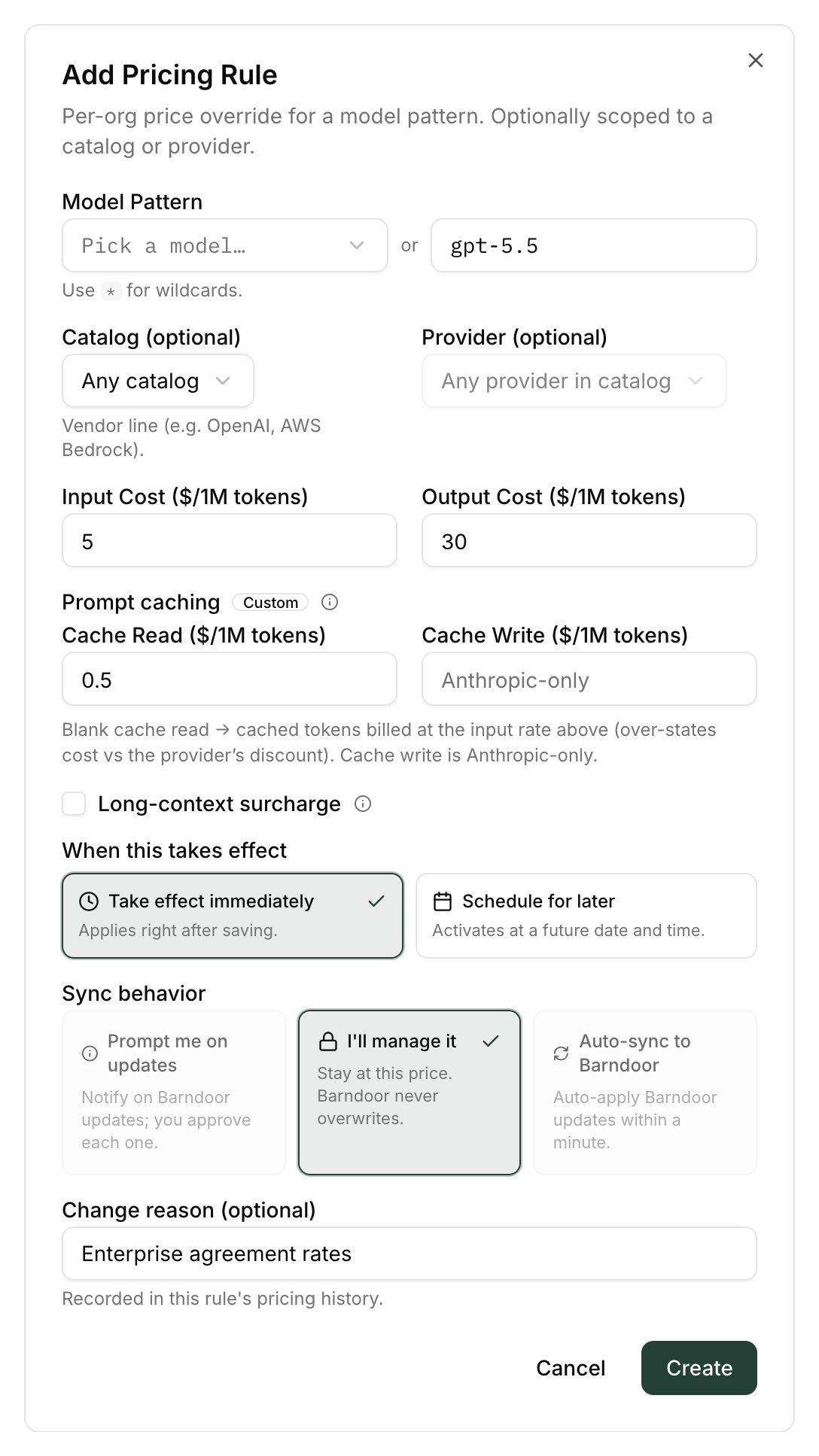 Add Pricing Rule dialog with model pattern, catalog, provider, prices, scheduling, and sync behavior