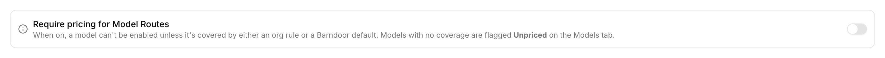 'Require pricing for Model Routes' toggle at the top of the Model Pricing section