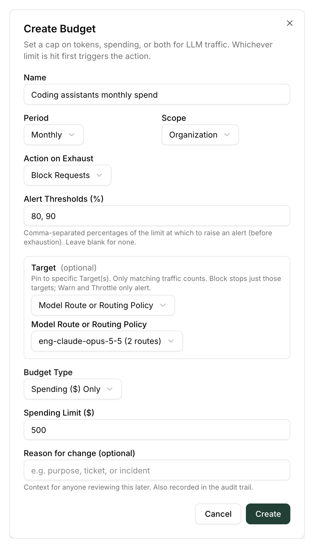 Create Budget dialog with name, period, scope, action, target, and limits filled in