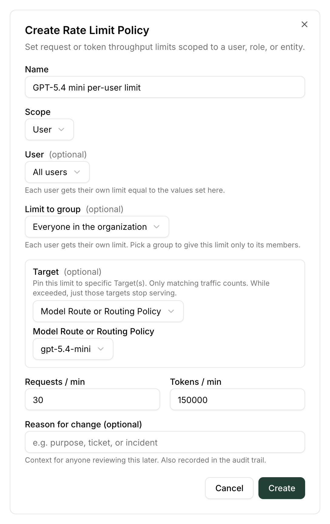 Create Rate Limit Policy dialog with name, scope, target, and limits