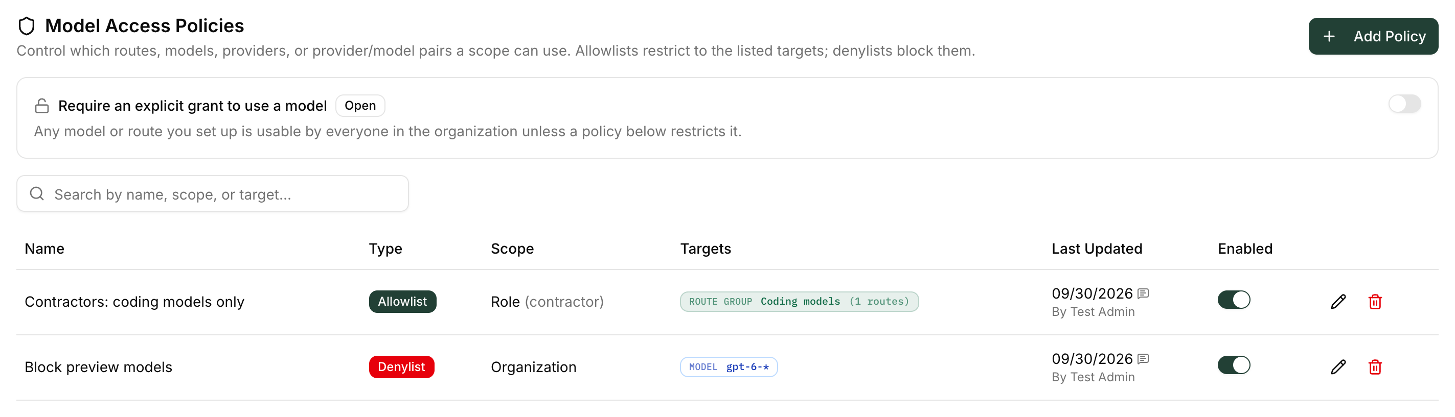 Model Access section with the posture card above the list of allowlist and denylist policies