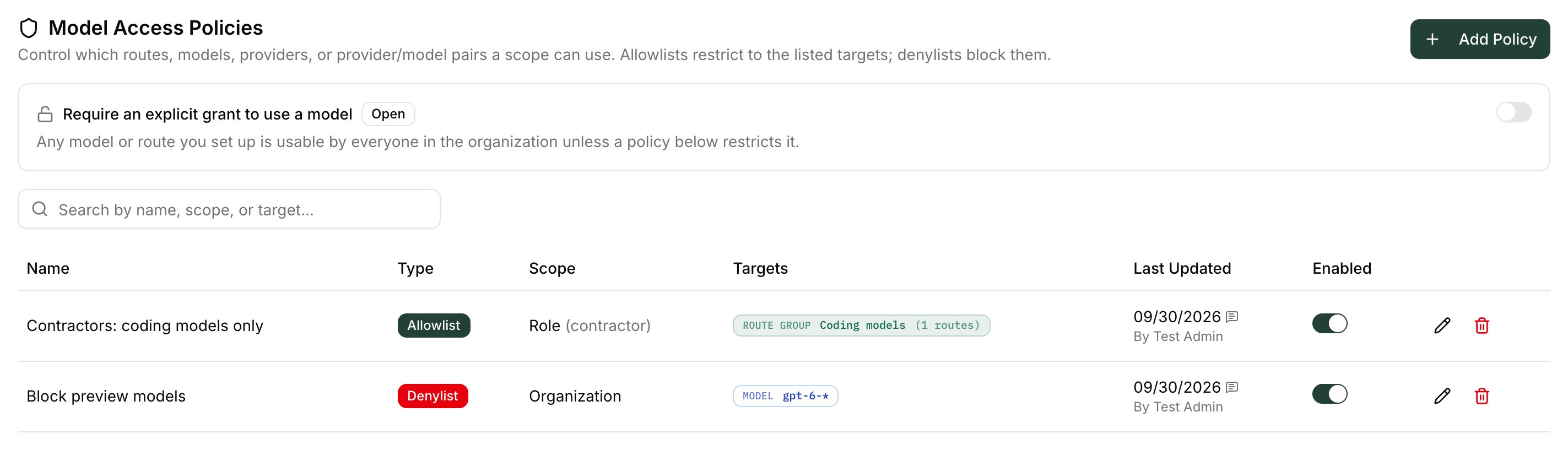 Model Access section with the posture card above the list of allowlist and denylist policies
