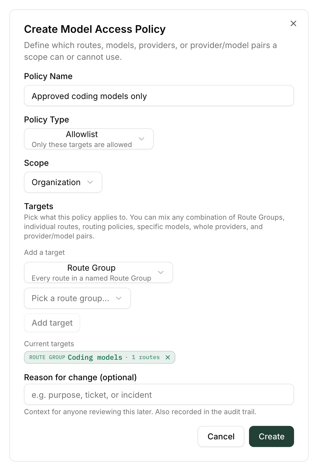Create Model Access Policy dialog with a Route Group target added