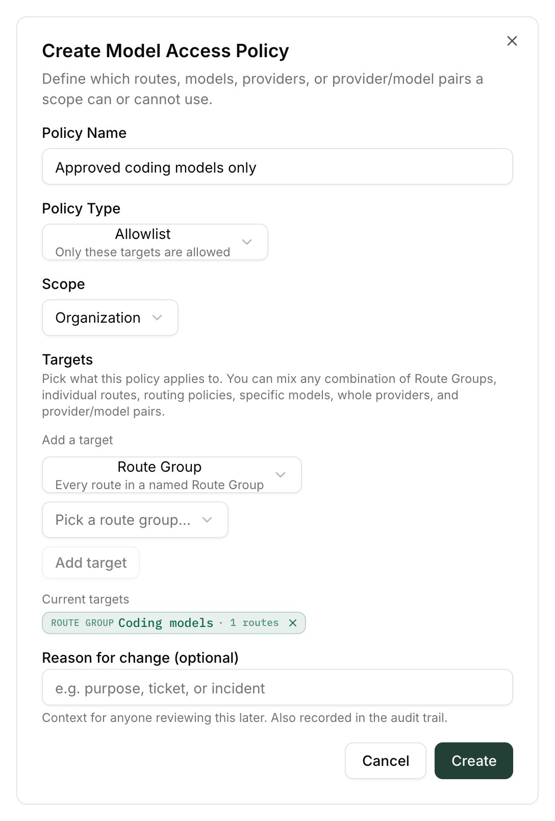 Create Model Access Policy dialog with a Route Group target added