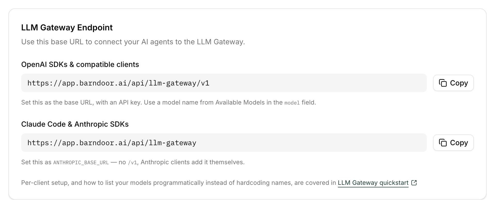 LLM Gateway Endpoint card on the Settings → My Models page
