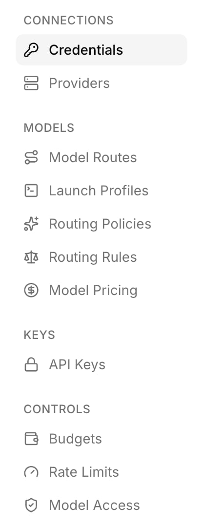 LLM Management hub showing the Connections, Models, Keys, and Controls section groups in the left navigation