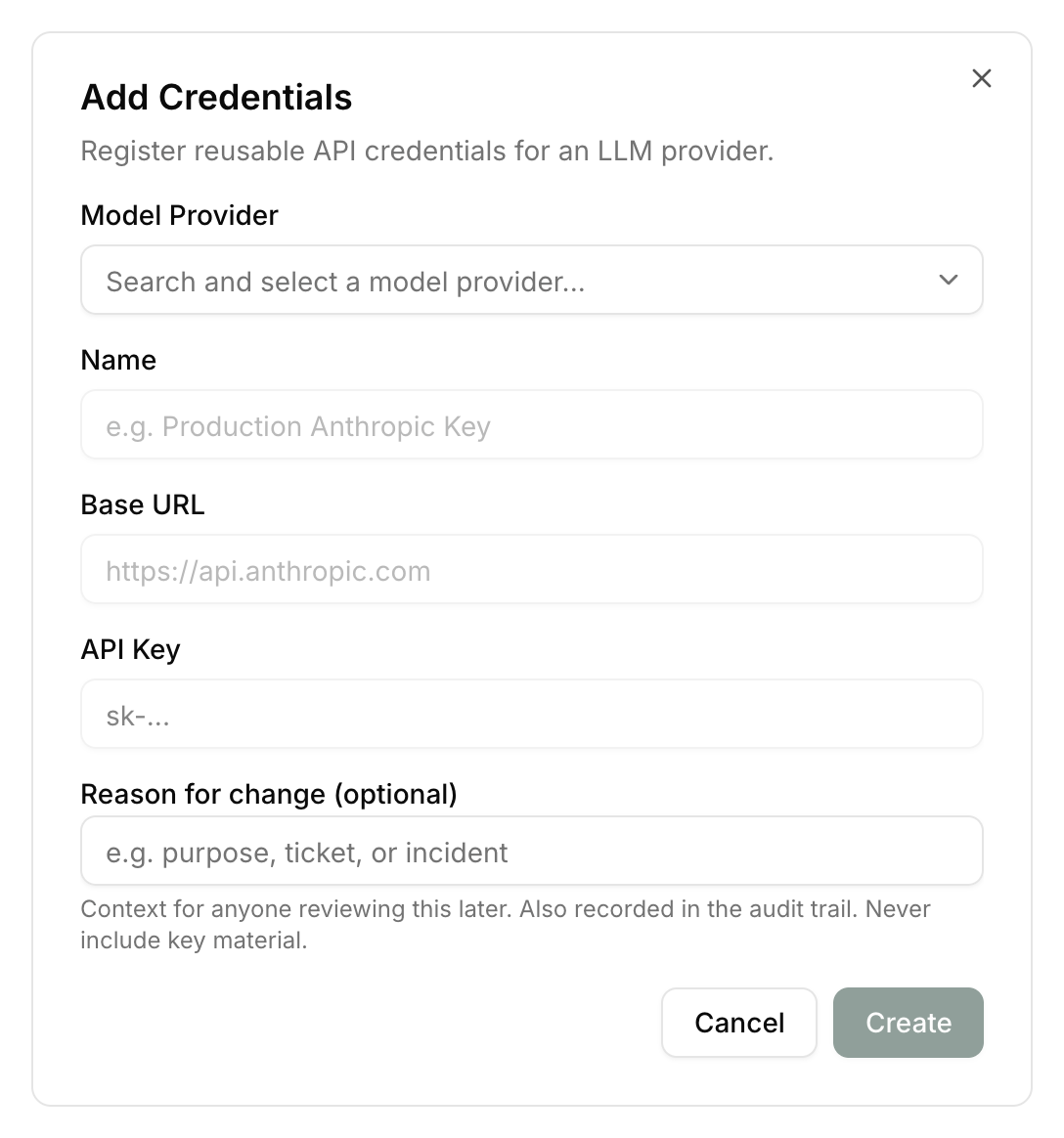 Add Credentials dialog with the Model Provider picker, name, base URL, API key, and reason fields