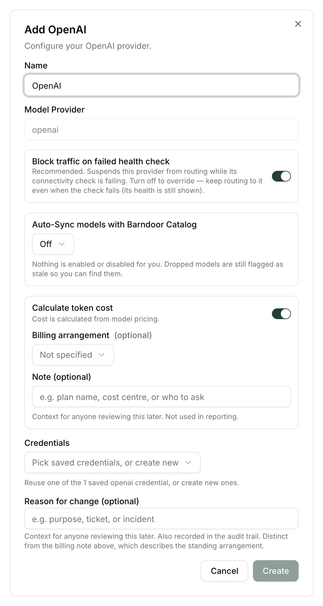 Add OpenAI provider dialog with the health-check, Auto-Sync, Calculate token cost, and Credentials settings