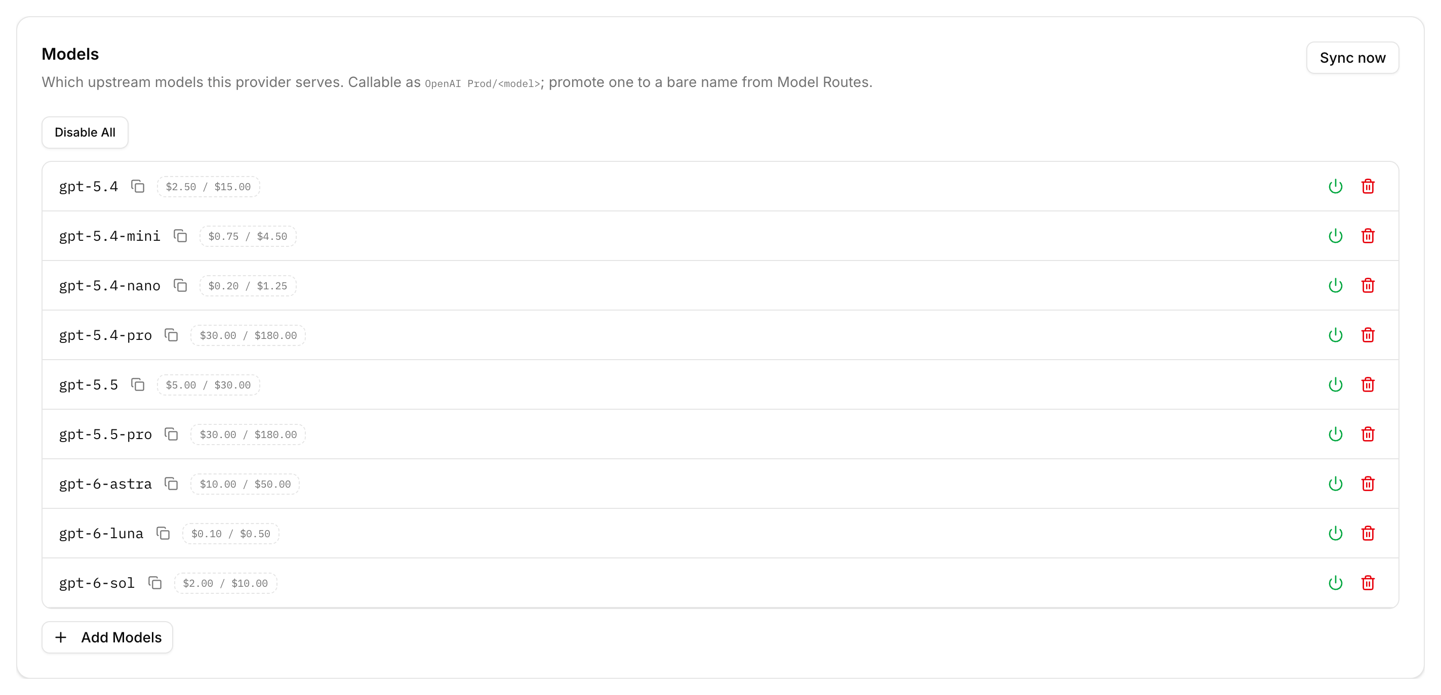Models panel on a provider's page, listing enabled upstream models with their prices