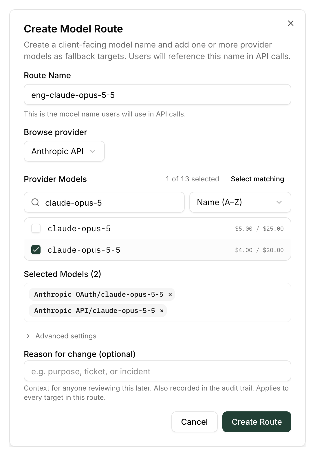 Create Model Route dialog with the route name eng-claude-opus-5-5 and claude-opus-5-5 selected on two providers, Anthropic OAuth and Anthropic API