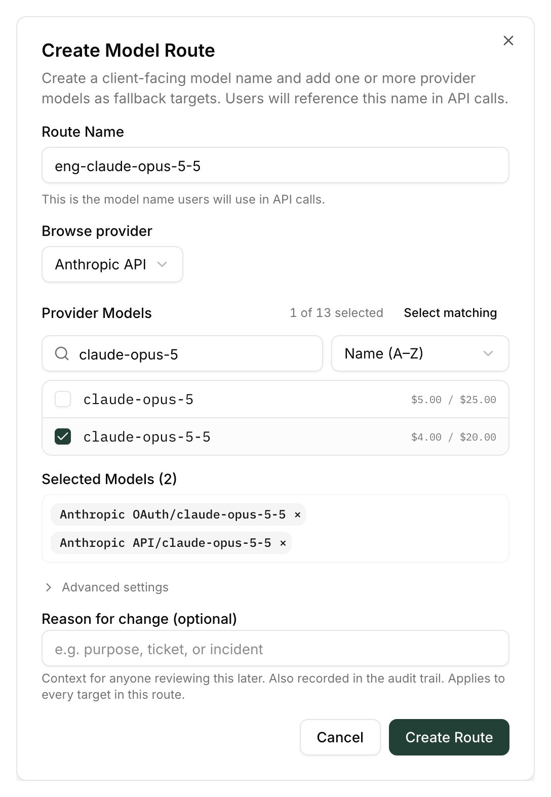Create Model Route dialog with the route name eng-claude-opus-5-5 and claude-opus-5-5 selected on two providers, Anthropic OAuth and Anthropic API