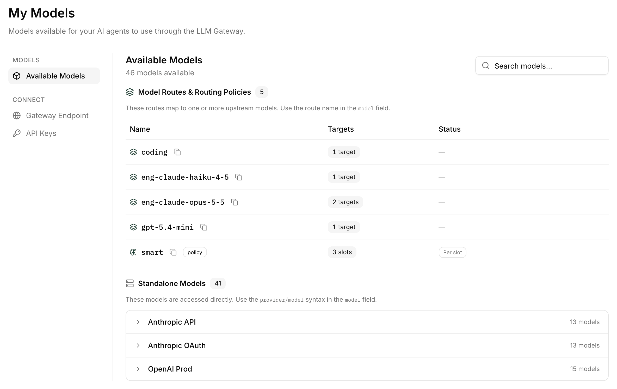 Settings → My Models page showing Available Models, with Model Routes & Routing Policies above Standalone Models