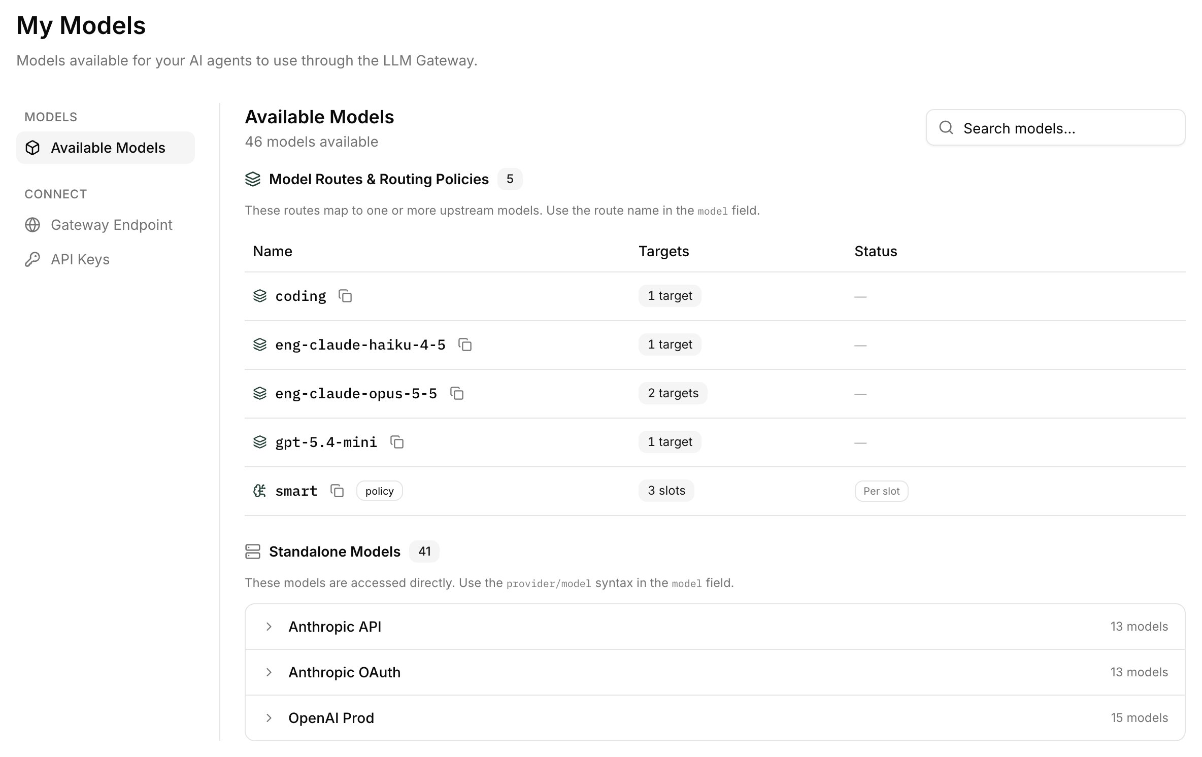 Settings → My Models page showing Available Models, with Model Routes & Routing Policies above Standalone Models