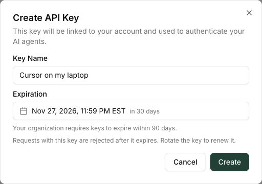 Create API Key dialog on My Models with an expiration 30 days out and a note that the organization requires keys to expire within 90 days