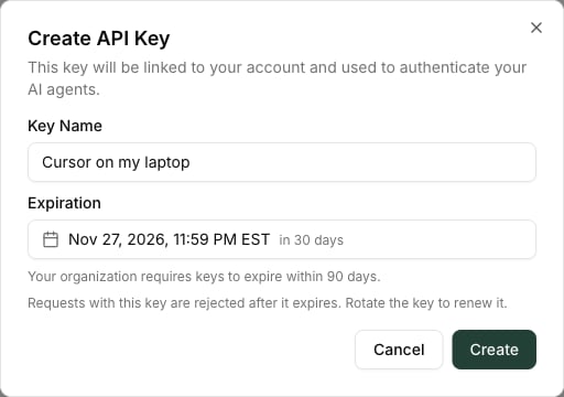 Create API Key dialog on My Models with an expiration 30 days out and a note that the organization requires keys to expire within 90 days