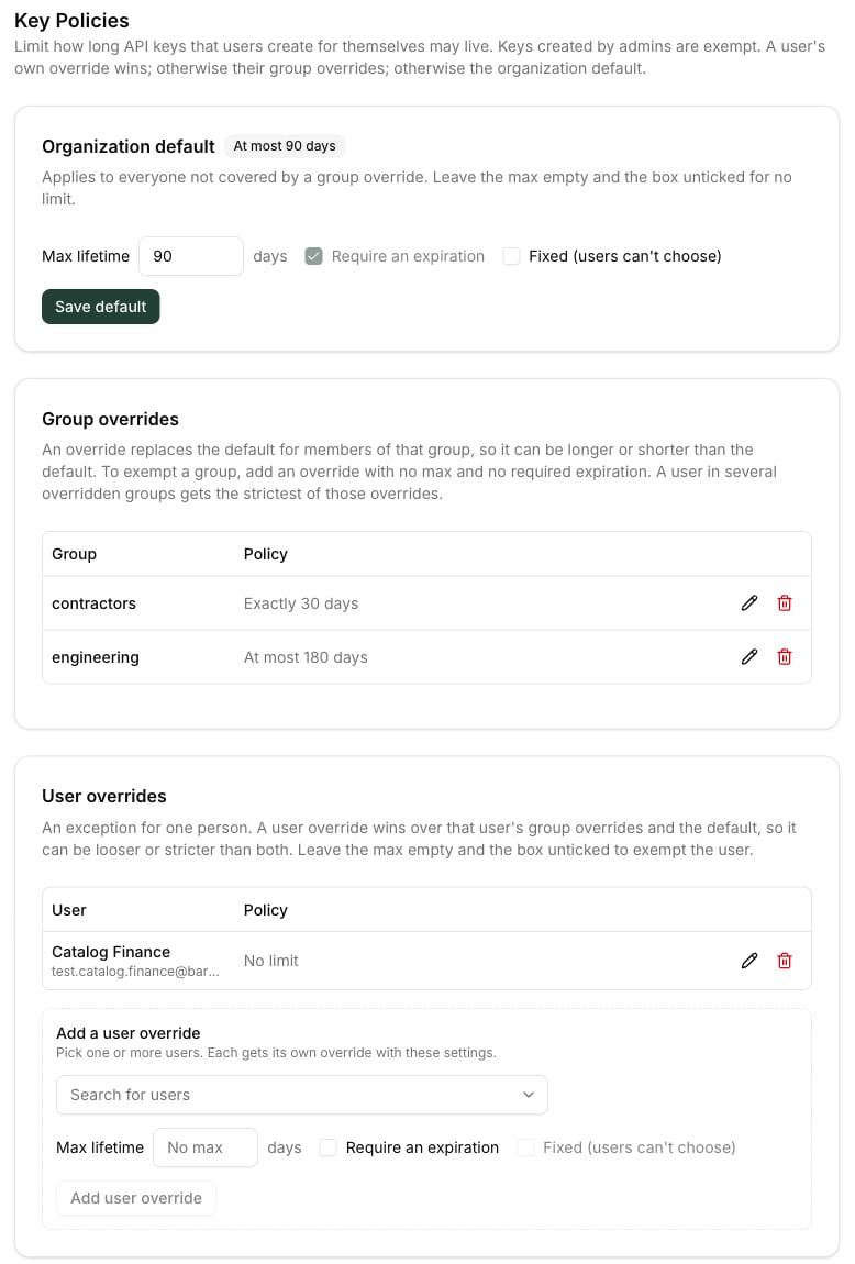 Key Policies page with an organization default of at most 90 days, group overrides for contractors (exactly 30 days) and engineering (at most 180 days), and a user override with no limit