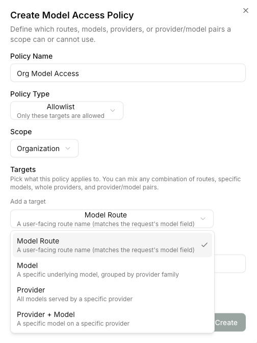 Create Model Access dialog showing the target builder with multiple target kinds