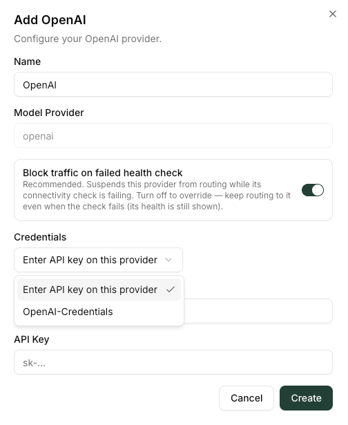 Add a Provider card grid showing Official and Custom catalog cards and the Custom Provider entry