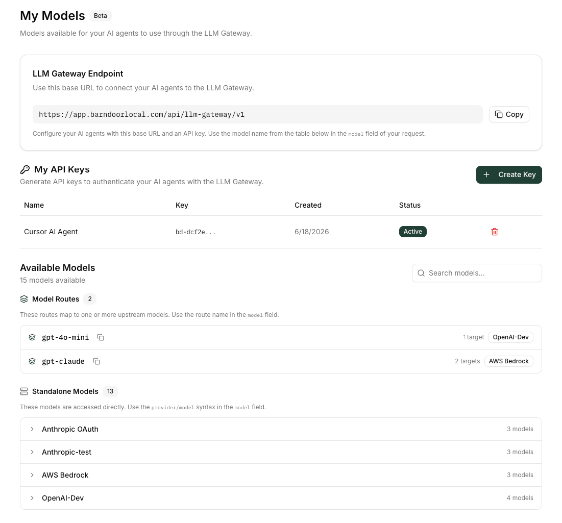 Settings → My Models page showing the endpoint card, API keys table, and available models