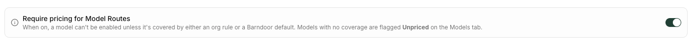'Require pricing for Model Routes' toggle at the top of the Model Pricing tab