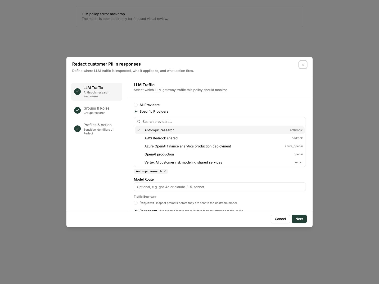 LLM policy wizard — provider and scope step