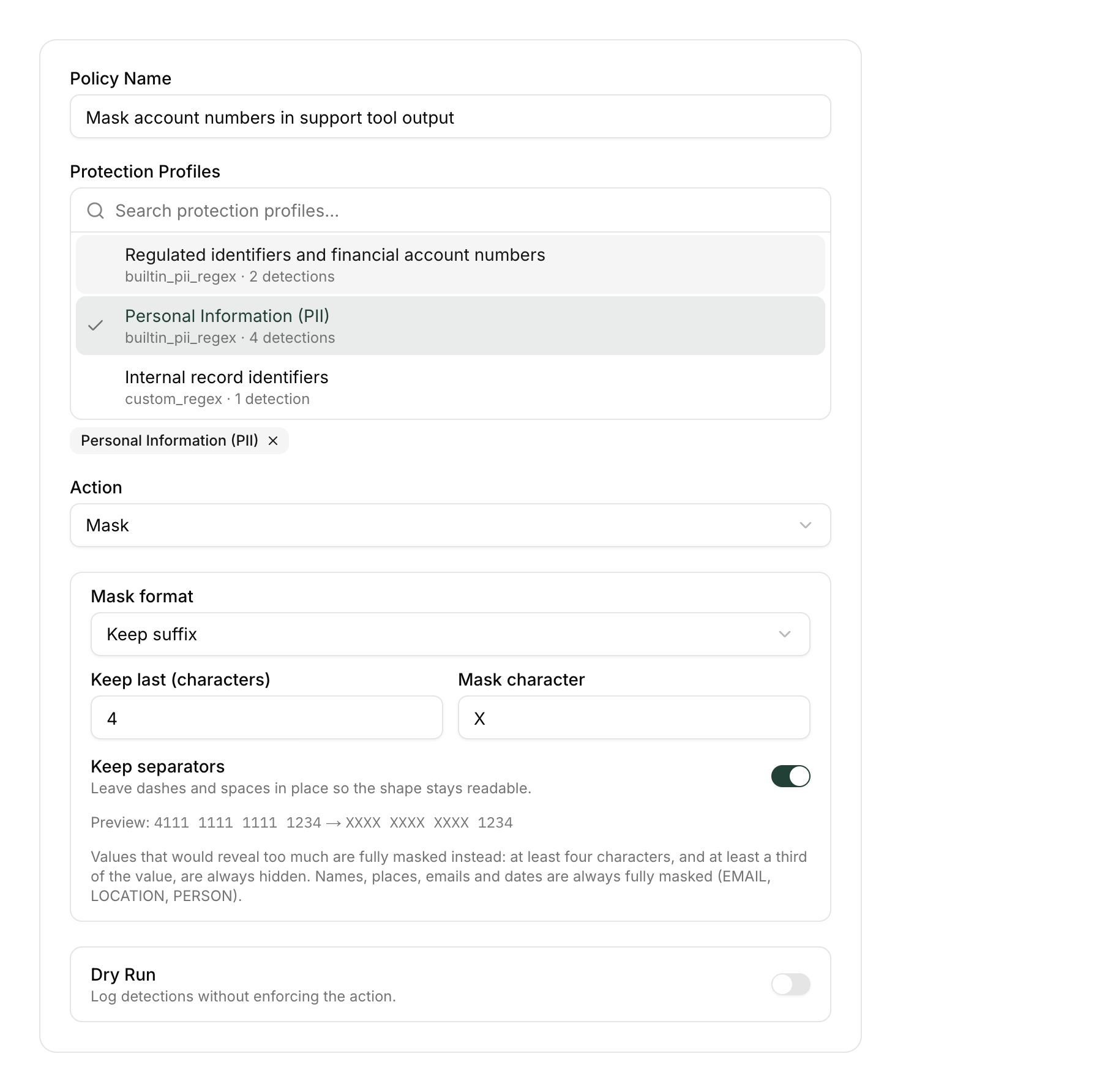Mask format panel noting that EMAIL, LOCATION and PERSON are always fully masked