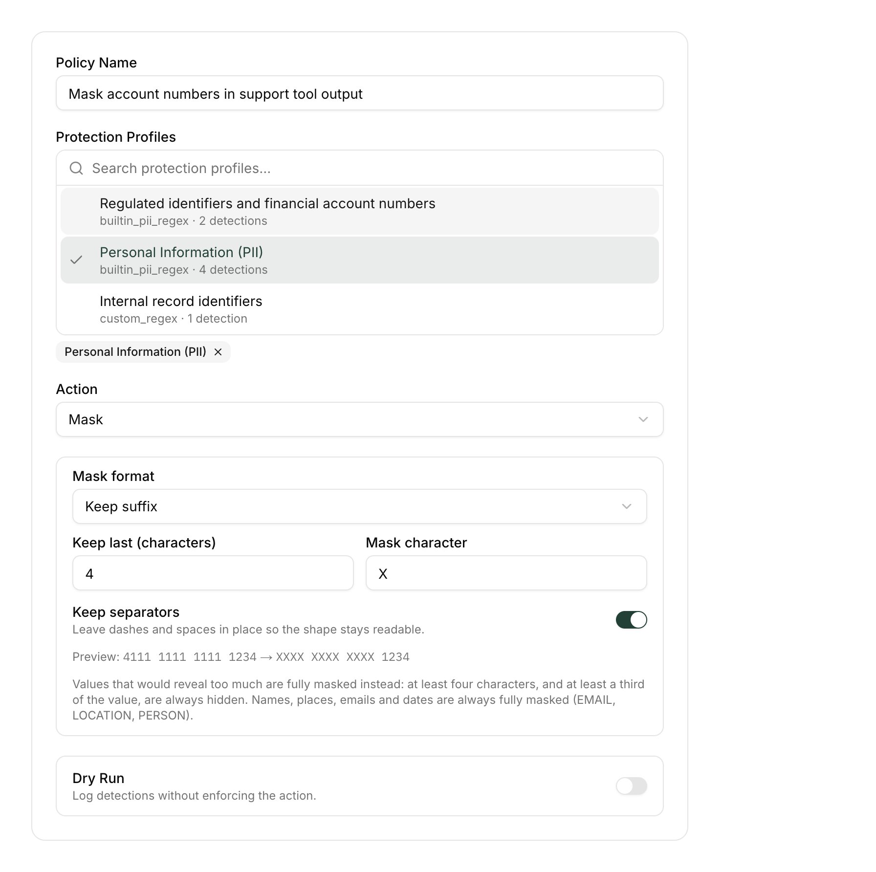 Mask format panel noting that EMAIL, LOCATION and PERSON are always fully masked