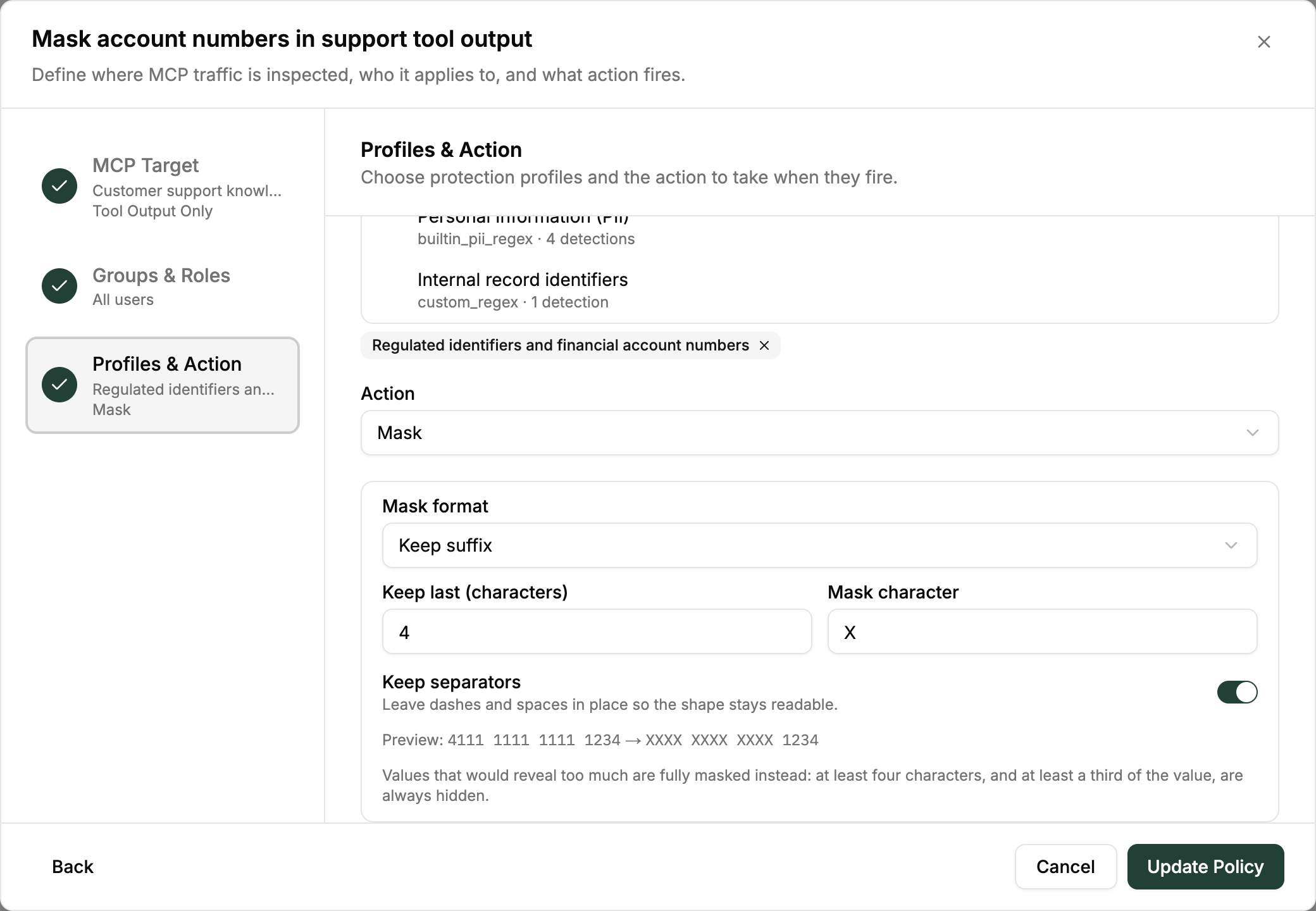 MCP policy wizard on the Profiles & Action step with Mask selected