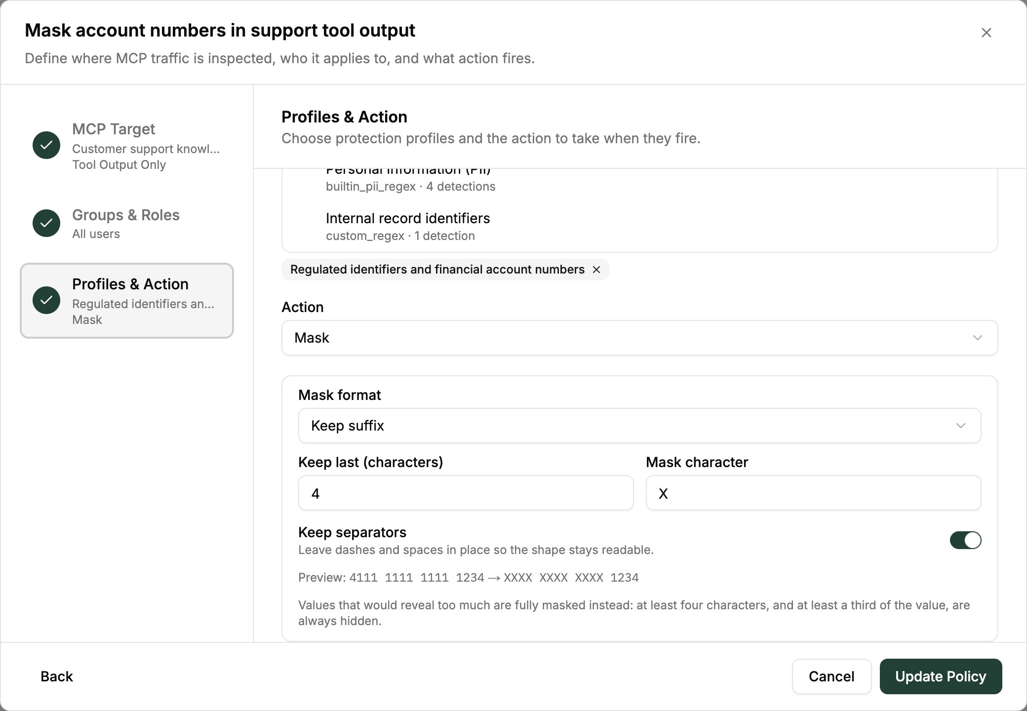 MCP policy wizard on the Profiles & Action step with Mask selected