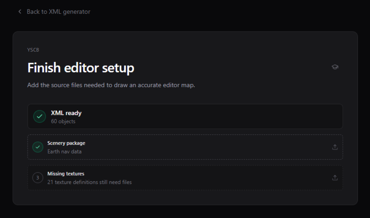 Finish editor setup page showing Draft ready, Scenery package, and X-Plane missing texture steps