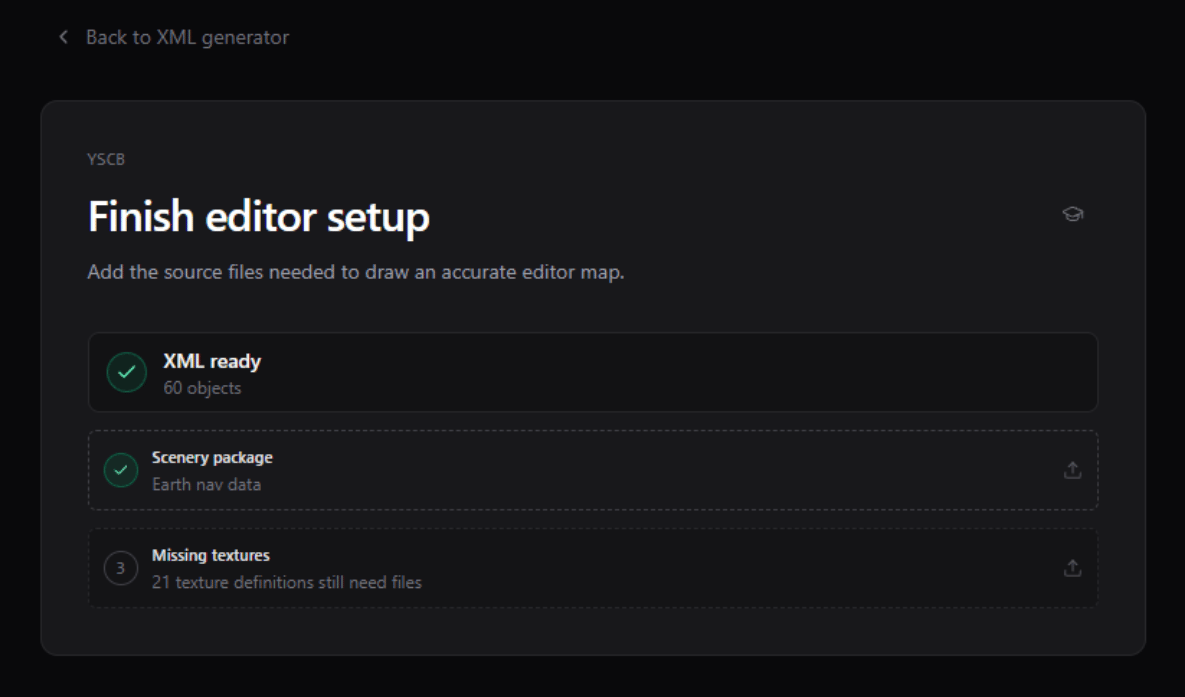 Finish editor setup page showing Draft ready, Scenery package, and X-Plane missing texture steps