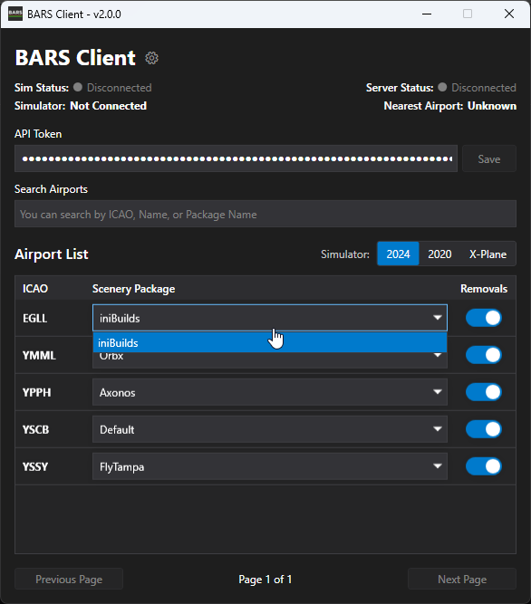 BARS Pilot Client selecting scenery package
