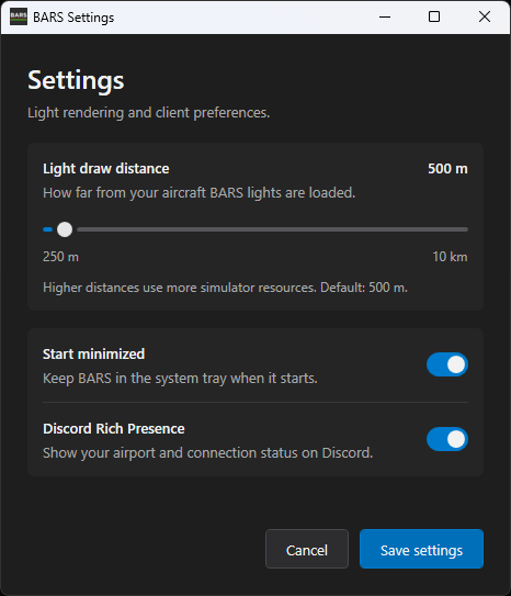 BARS Pilot Client settings with Light draw distance, Start minimized, and Discord Rich Presence controls