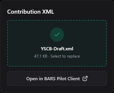 Contribution XML card showing the uploaded XML file and Open in BARS Pilot Client button