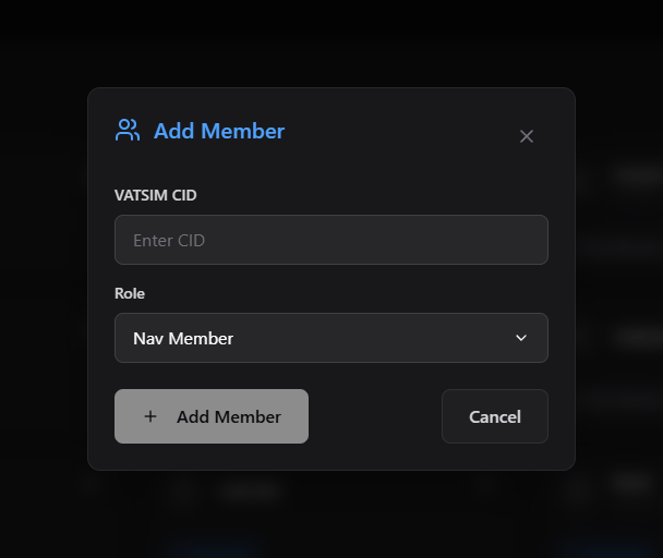 Add Member dialog with a VATSIM CID field, role selector, and Add Member button