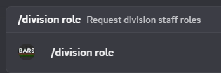 BARS Discord bot's /division role command for requesting division staff roles