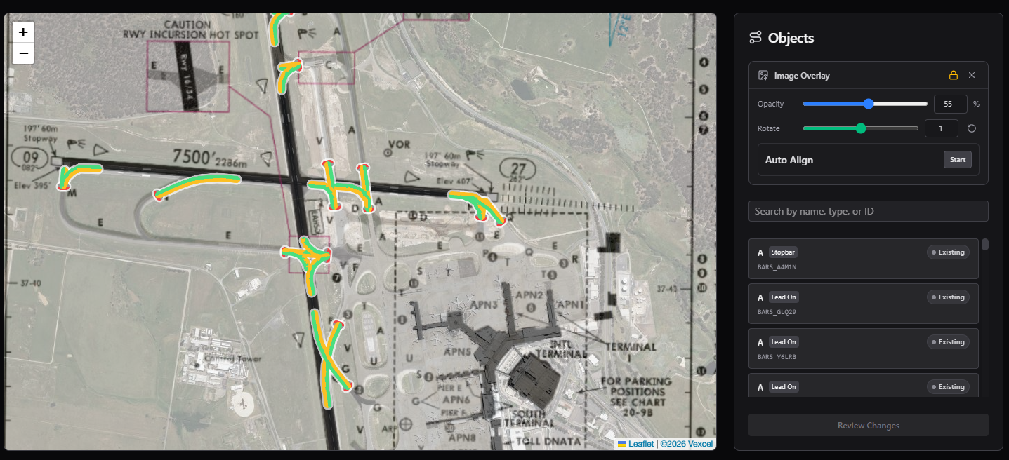Airport chart overlaid on satellite imagery with lighting objects and the Image Overlay panel showing a locked padlock icon