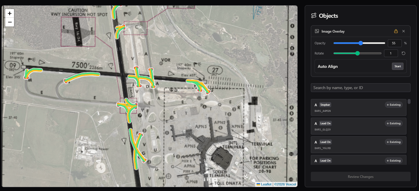 Airport chart overlaid on satellite imagery with lighting objects and the Image Overlay panel showing a locked padlock icon