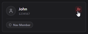 Nav Member card with the pointer over the red remove member button