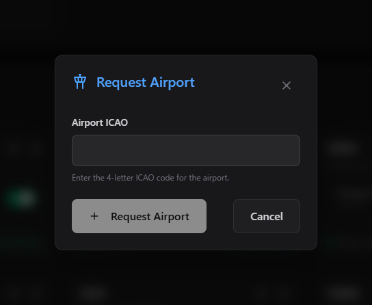Request Airport dialog with an Airport ICAO field and Request Airport button