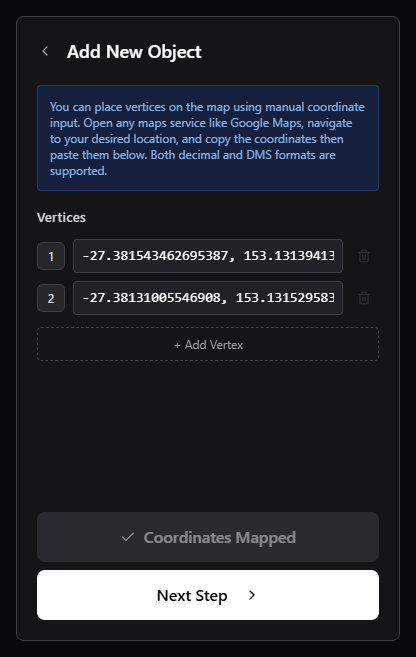 Add New Object panel with two latitude and longitude vertices, Coordinates Mapped confirmation, and an enabled Next Step button