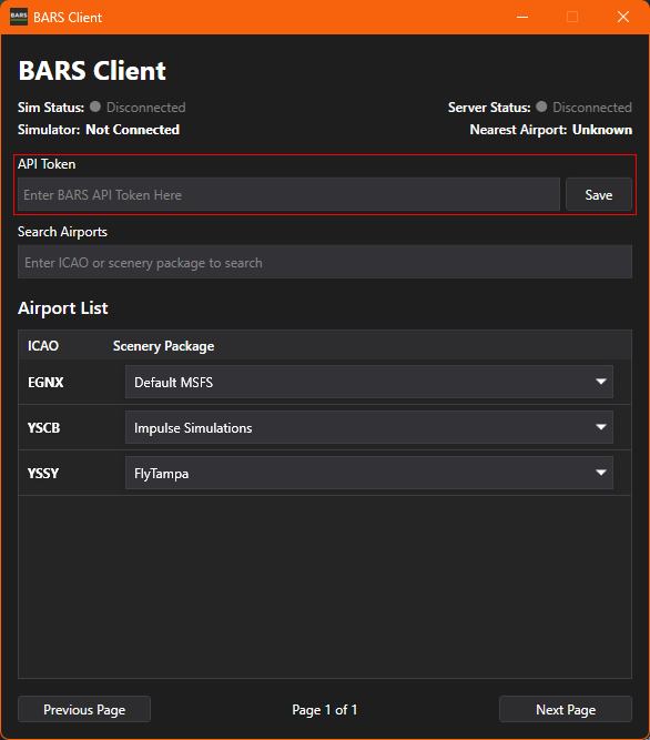 BARS Pilot Client configuration window