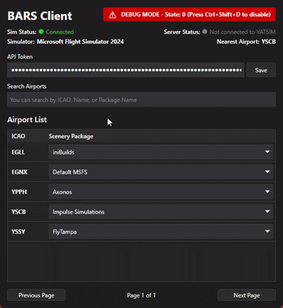 Debug Mode active in the Pilot Client showing red warning and current light state