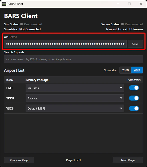 BARS Pilot Client configuration window