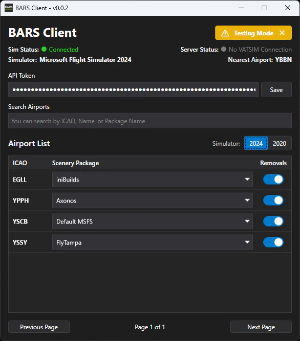 Pilot Client with Testing Mode indicator visible in the top-right corner