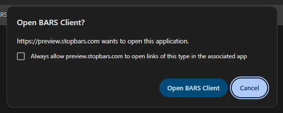 Browser prompt asking whether to open the BARS Client