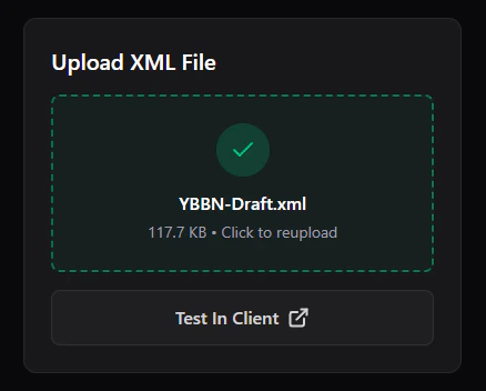 Contribution test page showing the Test In Client button after XML has been processed