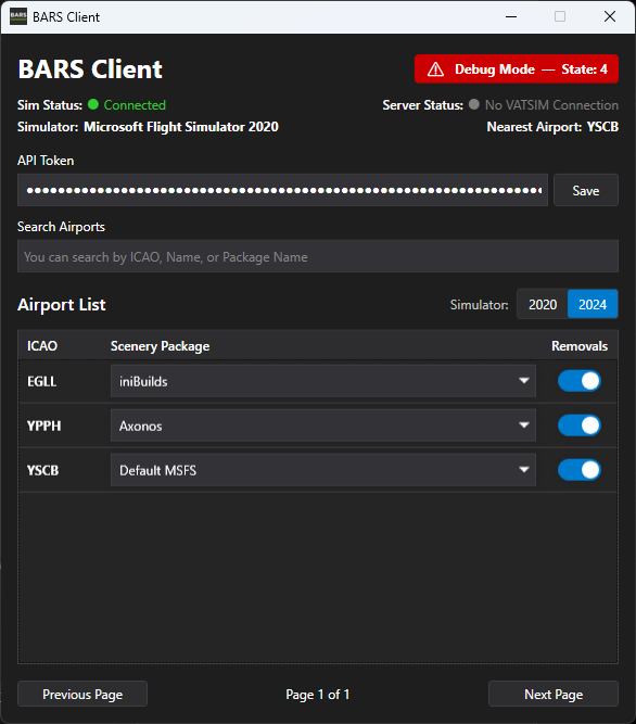 Debug Mode active in the Pilot Client showing red warning and current light state