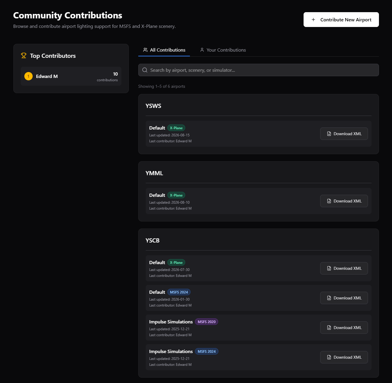 BARS Contribution Dashboard with the All Contributions and Your Contributions tabs, search field, leaderboard, and Contribute New Airport button