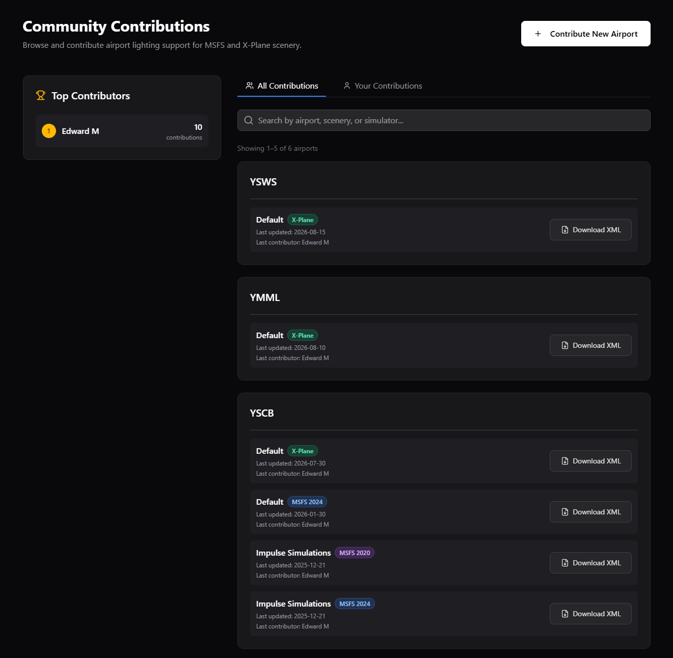 BARS Contribution Dashboard with the All Contributions and Your Contributions tabs, search field, leaderboard, and Contribute New Airport button